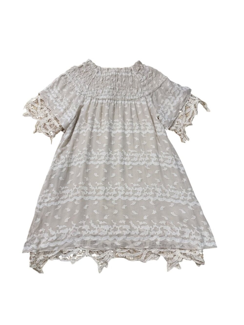 Womens Beige Silk Blend Burnout Embroidered Lace Mini Dress Size S Made USA